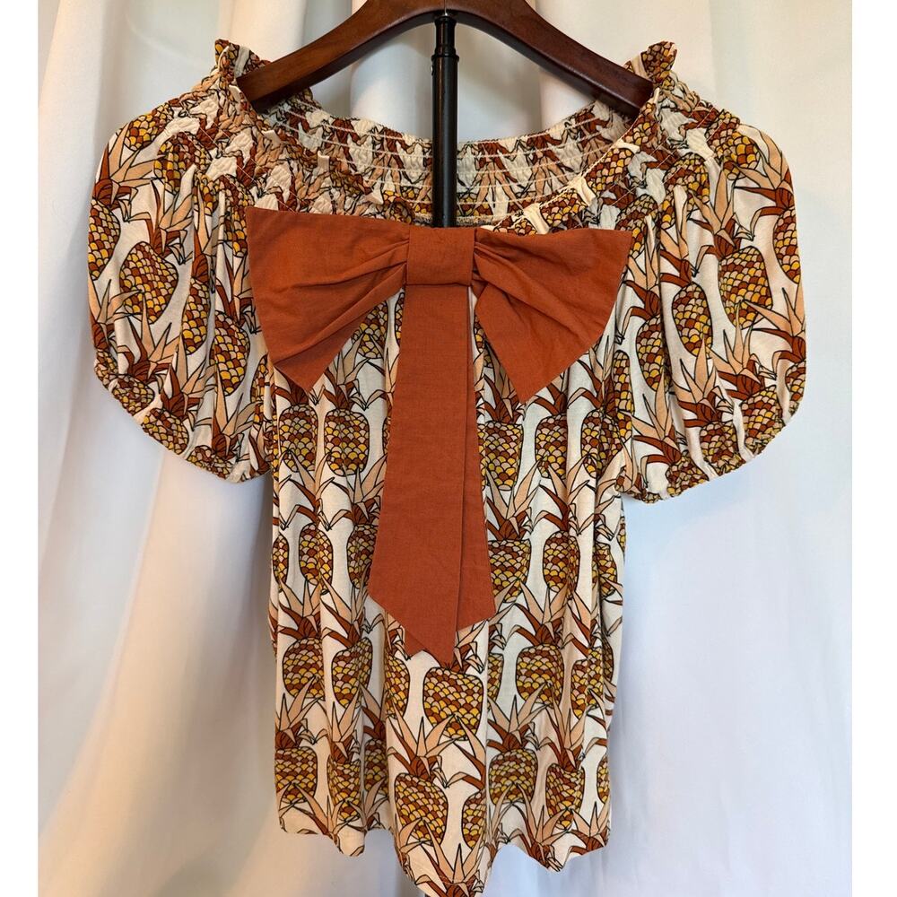 Anthropologie Porridge Off Shoulder Pineapple Print Top With Bow Accent Small